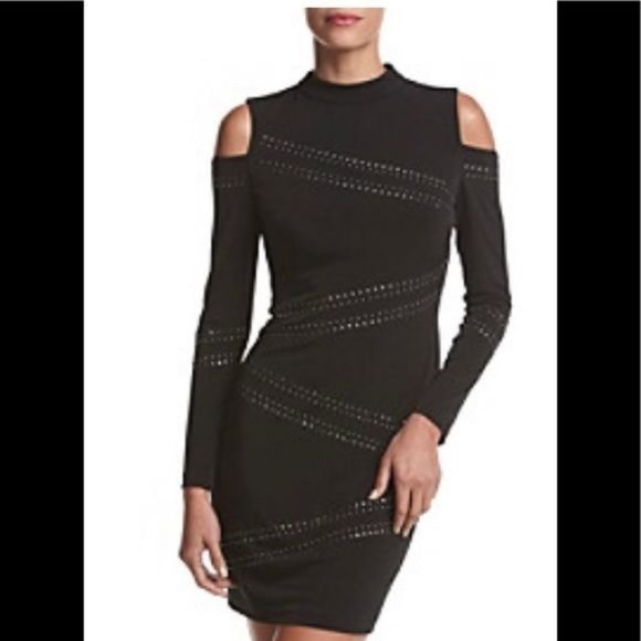 Guess Women Studded Cold Shoulder Dress Mock Neck Long Sleeve Keyhole Black SZ 4 - Picture 1 of 11